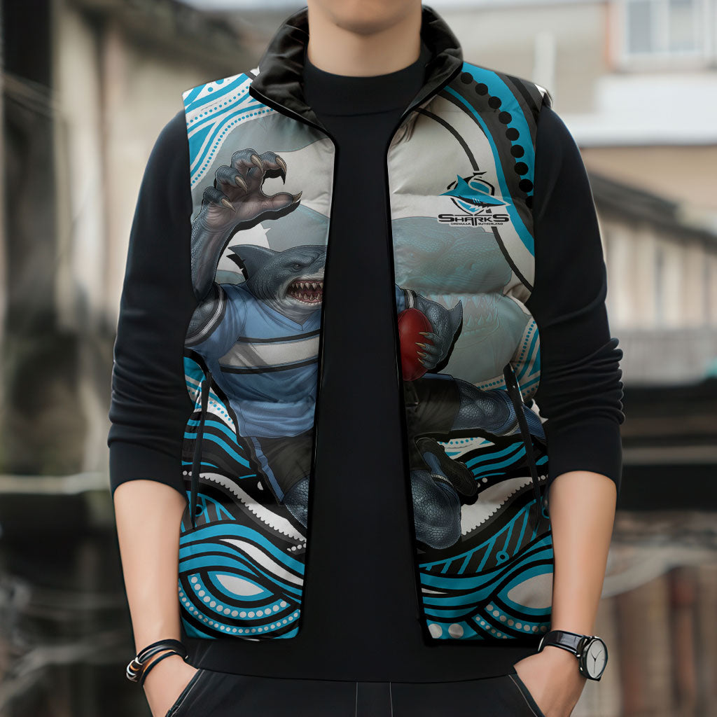 Personalized Cronulla Sutherland Sharks Sleeveless Puffer Jacket Aboriginal Dot Art - Dreamtime Rugby Mascot