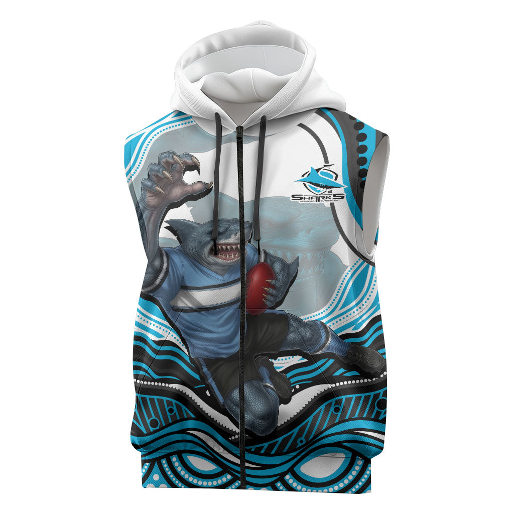 Personalized Cronulla Sutherland Sharks Sleeveless Zip Hoodie Aboriginal Dot Art - Dreamtime Rugby Mascot