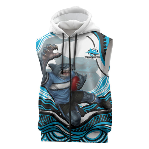 Personalized Cronulla Sutherland Sharks Sleeveless Zip Hoodie Aboriginal Dot Art - Dreamtime Rugby Mascot