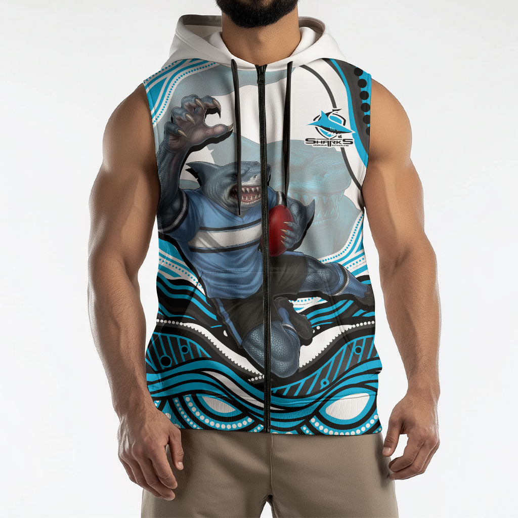 Personalized Cronulla Sutherland Sharks Sleeveless Zip Hoodie Aboriginal Dot Art - Dreamtime Rugby Mascot