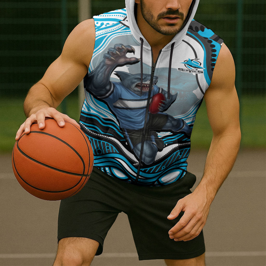 Personalized Cronulla Sutherland Sharks Sleeveless Zip Hoodie Aboriginal Dot Art - Dreamtime Rugby Mascot