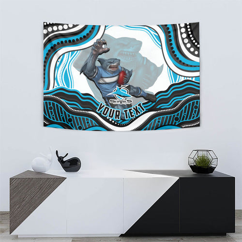 Personalized Cronulla Sutherland Sharks Tapestry Aboriginal Dot Art - Dreamtime Rugby Mascot