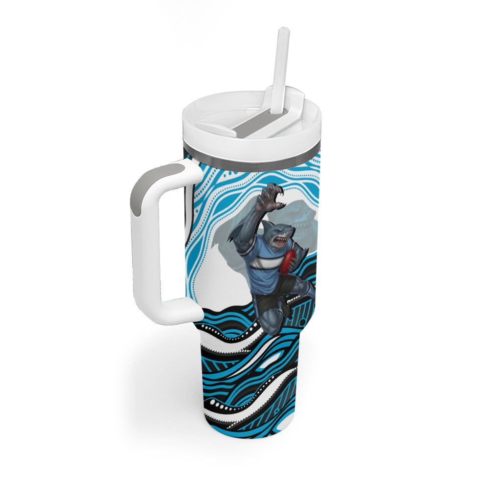 Personalized Cronulla Sutherland Sharks Tumbler With Handle Aboriginal Dot Art - Dreamtime Rugby Mascot