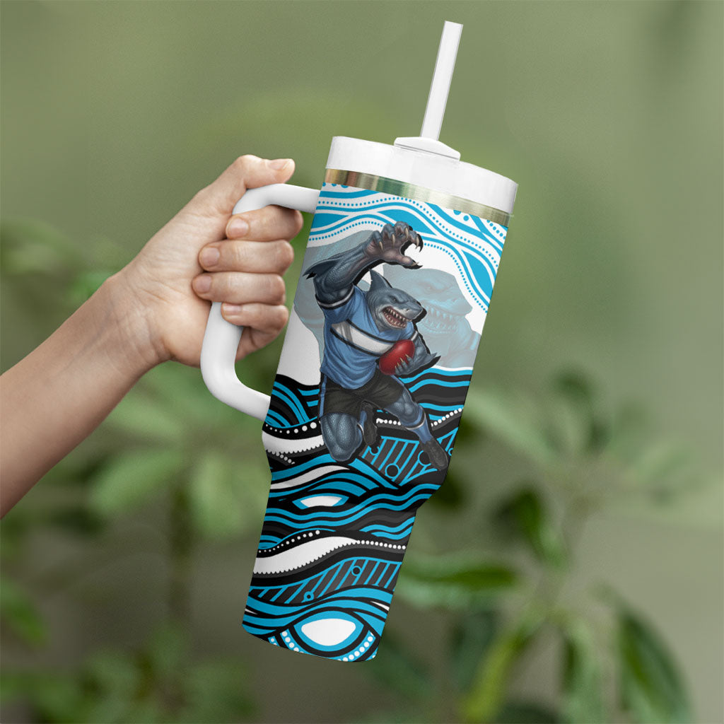 Personalized Cronulla Sutherland Sharks Tumbler With Handle Aboriginal Dot Art - Dreamtime Rugby Mascot