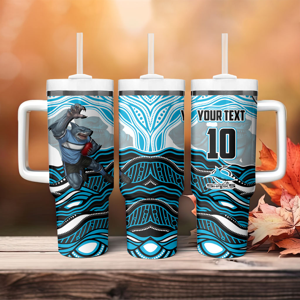 Personalized Cronulla Sutherland Sharks Tumbler With Handle Aboriginal Dot Art - Dreamtime Rugby Mascot