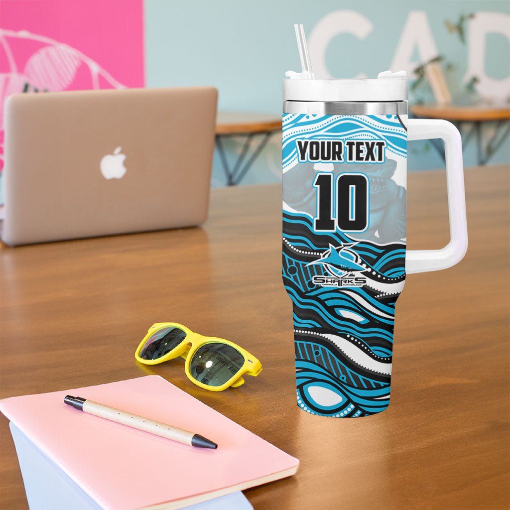 Personalized Cronulla Sutherland Sharks Tumbler With Handle Aboriginal Dot Art - Dreamtime Rugby Mascot