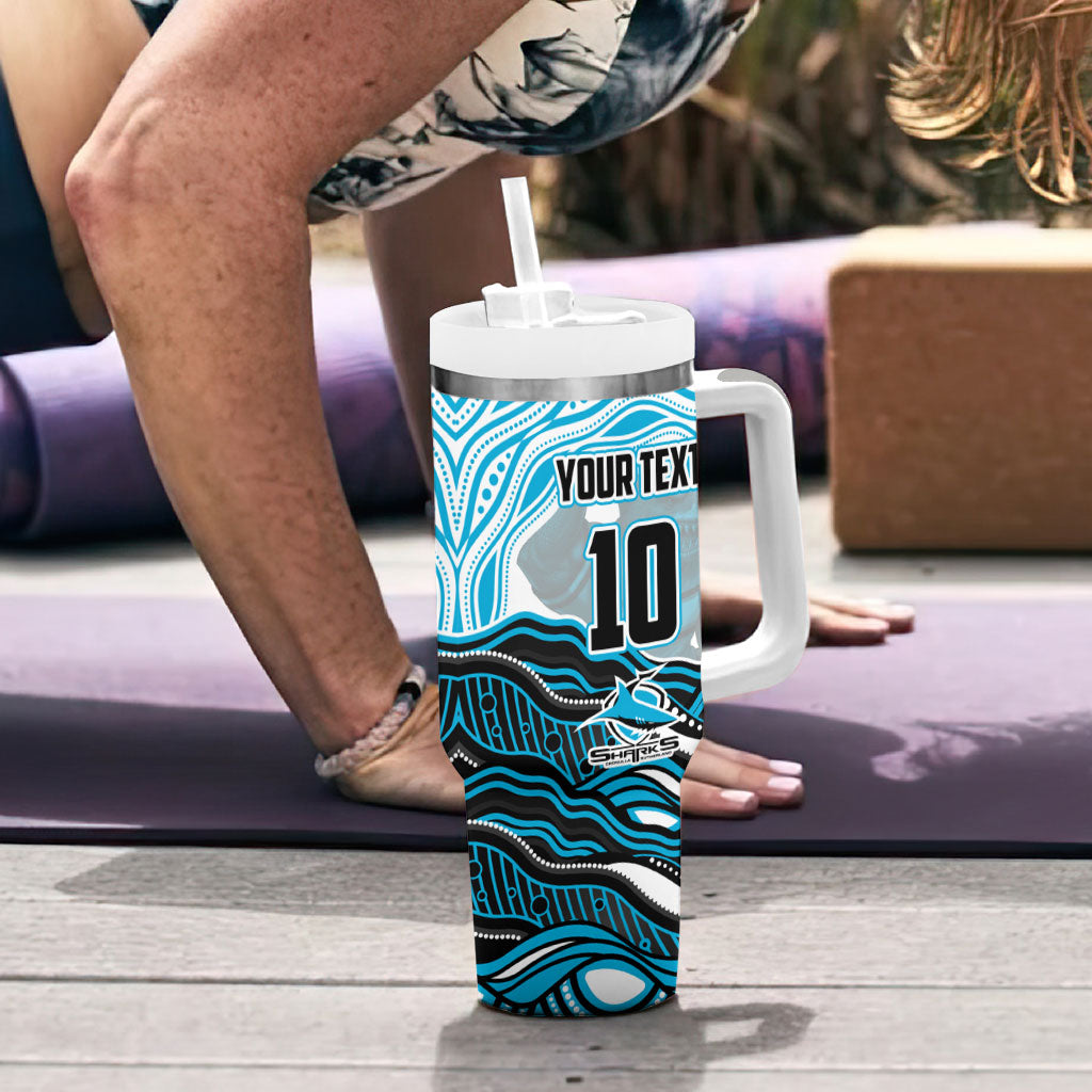 Personalized Cronulla Sutherland Sharks Tumbler With Handle Aboriginal Dot Art - Dreamtime Rugby Mascot