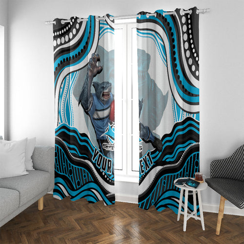 Personalized Cronulla Sutherland Sharks Window Curtain Aboriginal Dot Art - Dreamtime Rugby Mascot