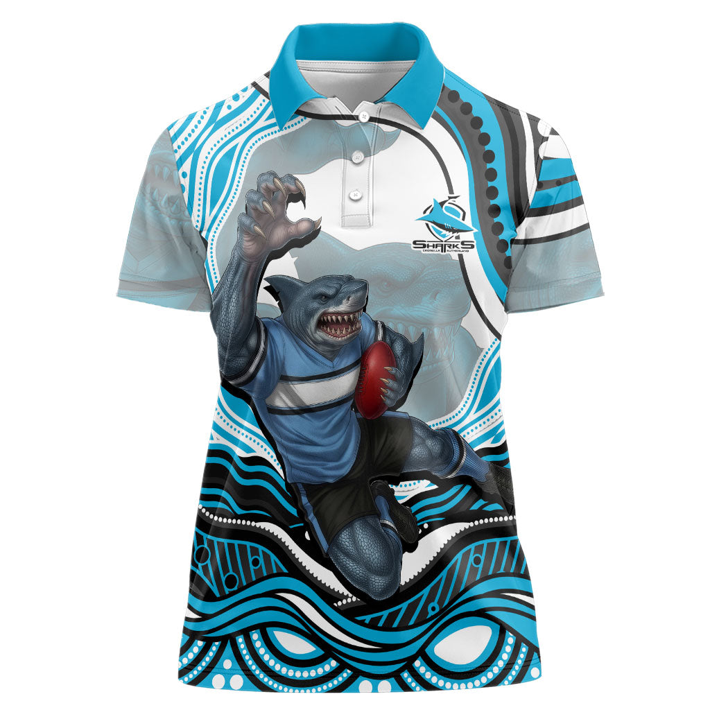 Personalized Cronulla Sutherland Sharks Women Polo Shirt Aboriginal Dot Art - Dreamtime Rugby Mascot