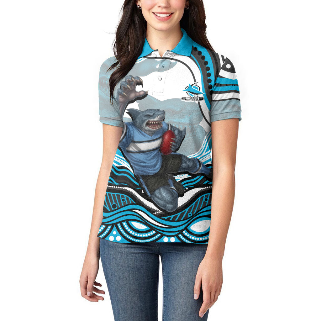 Personalized Cronulla Sutherland Sharks Women Polo Shirt Aboriginal Dot Art - Dreamtime Rugby Mascot
