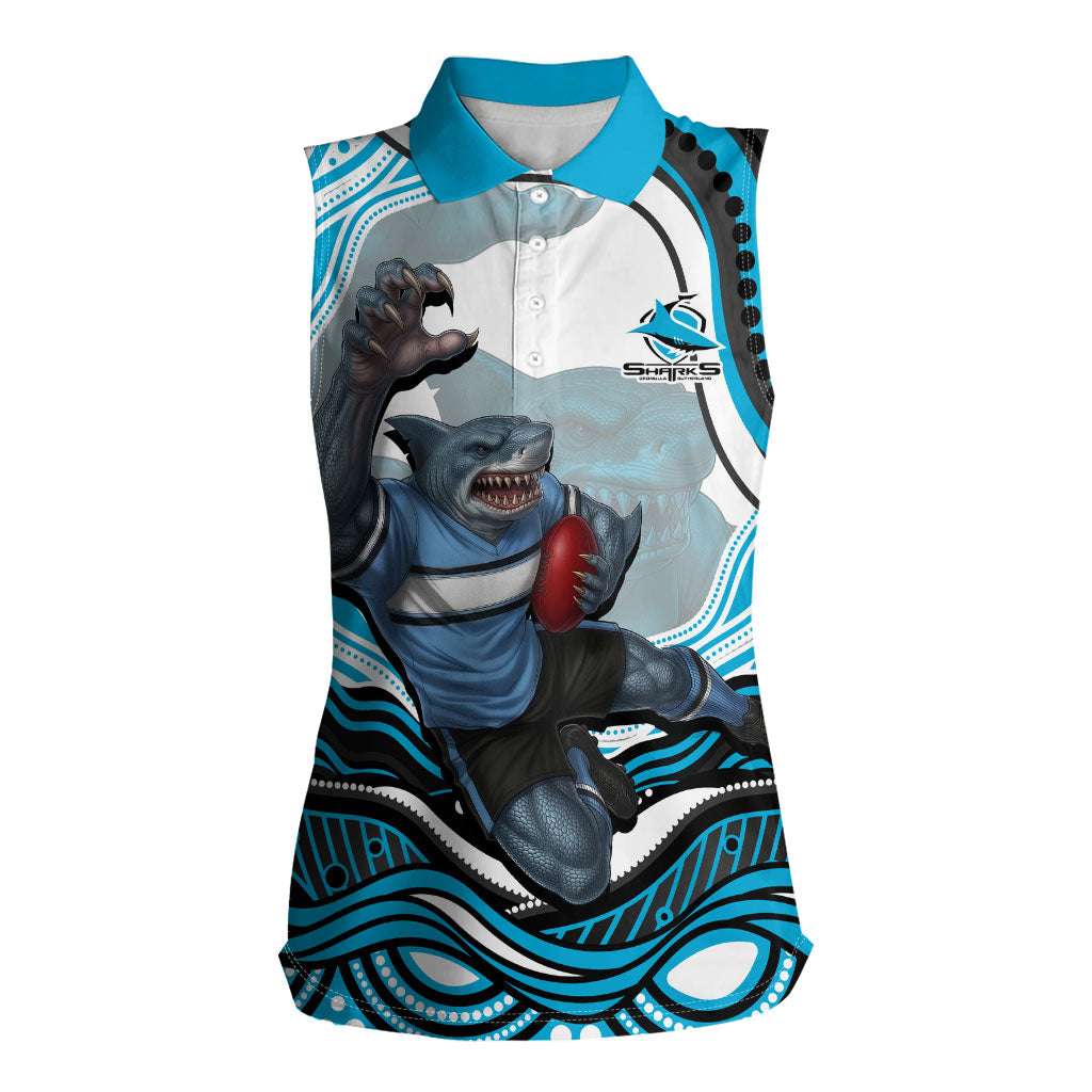 Personalized Cronulla Sutherland Sharks Women Sleeveless Polo Shirt Aboriginal Dot Art - Dreamtime Rugby Mascot