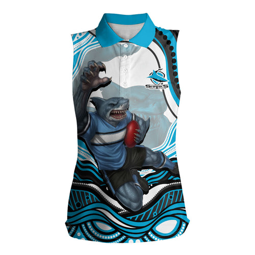 Personalized Cronulla Sutherland Sharks Women Sleeveless Polo Shirt Aboriginal Dot Art - Dreamtime Rugby Mascot