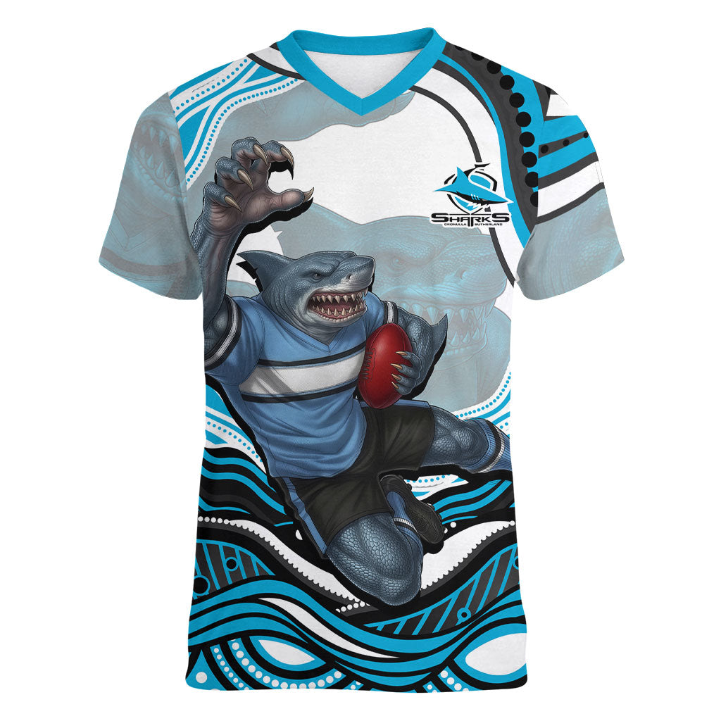 Personalized Cronulla Sutherland Sharks Women V-Neck T-Shirt Aboriginal Dot Art - Dreamtime Rugby Mascot