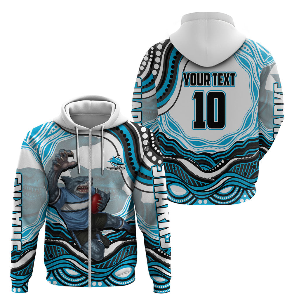 Personalized Cronulla Sutherland Sharks Zip Hoodie Aboriginal Dot Art - Dreamtime Rugby Mascot