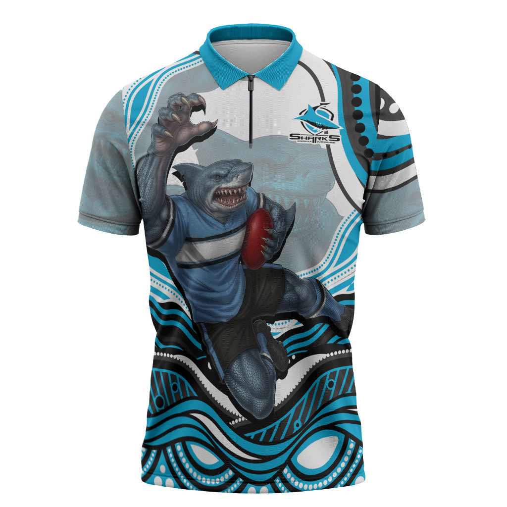 Personalized Cronulla Sutherland Sharks Zipper Polo Shirt Aboriginal Dot Art - Dreamtime Rugby Mascot