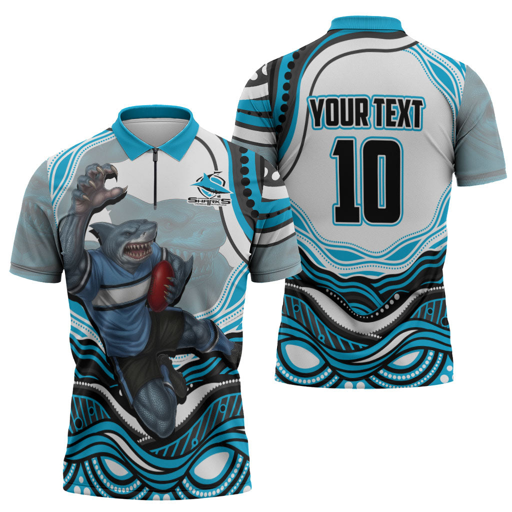Personalized Cronulla Sutherland Sharks Zipper Polo Shirt Aboriginal Dot Art - Dreamtime Rugby Mascot