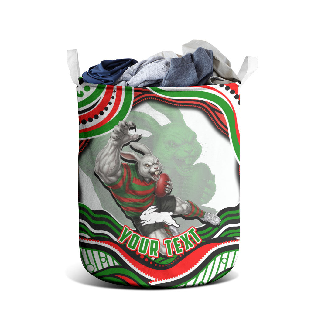 Personalized South Sydney Rabbitohs Laundry Basket Aboriginal Dot Art - Dreamtime Rugby Mascot