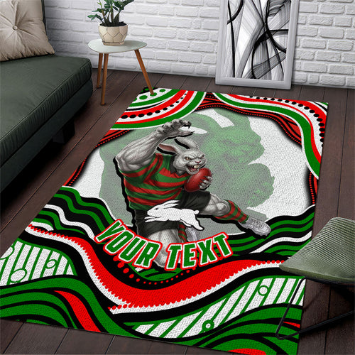 Personalized South Sydney Rabbitohs Area Rug Aboriginal Dot Art - Dreamtime Rugby Mascot