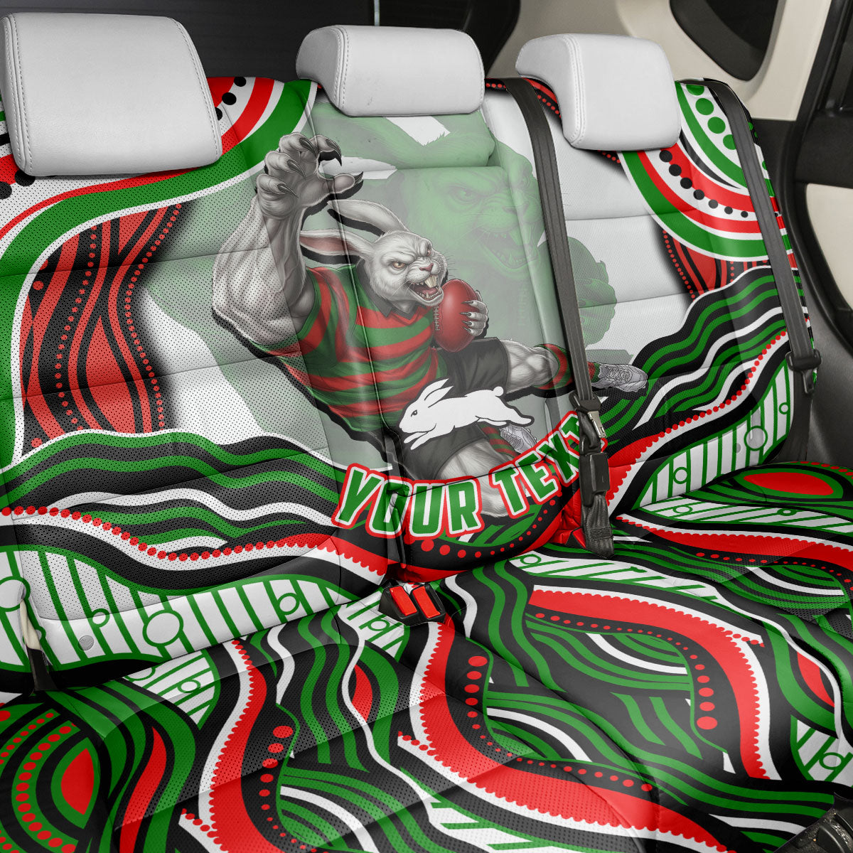 Personalized South Sydney Rabbitohs Back Car Seat Cover Aboriginal Dot Art - Dreamtime Rugby Mascot