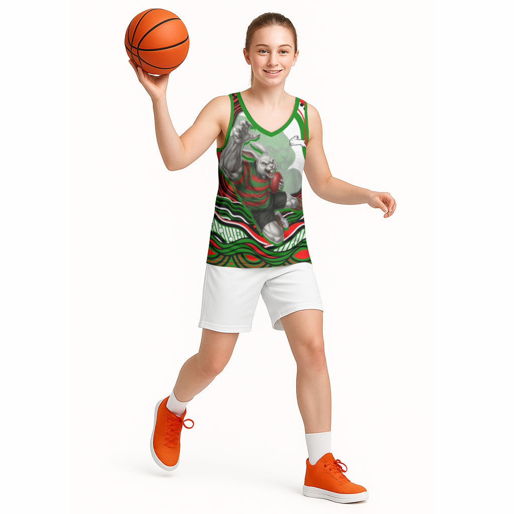 Personalized South Sydney Rabbitohs Basketball Jersey Aboriginal Dot Art - Dreamtime Rugby Mascot