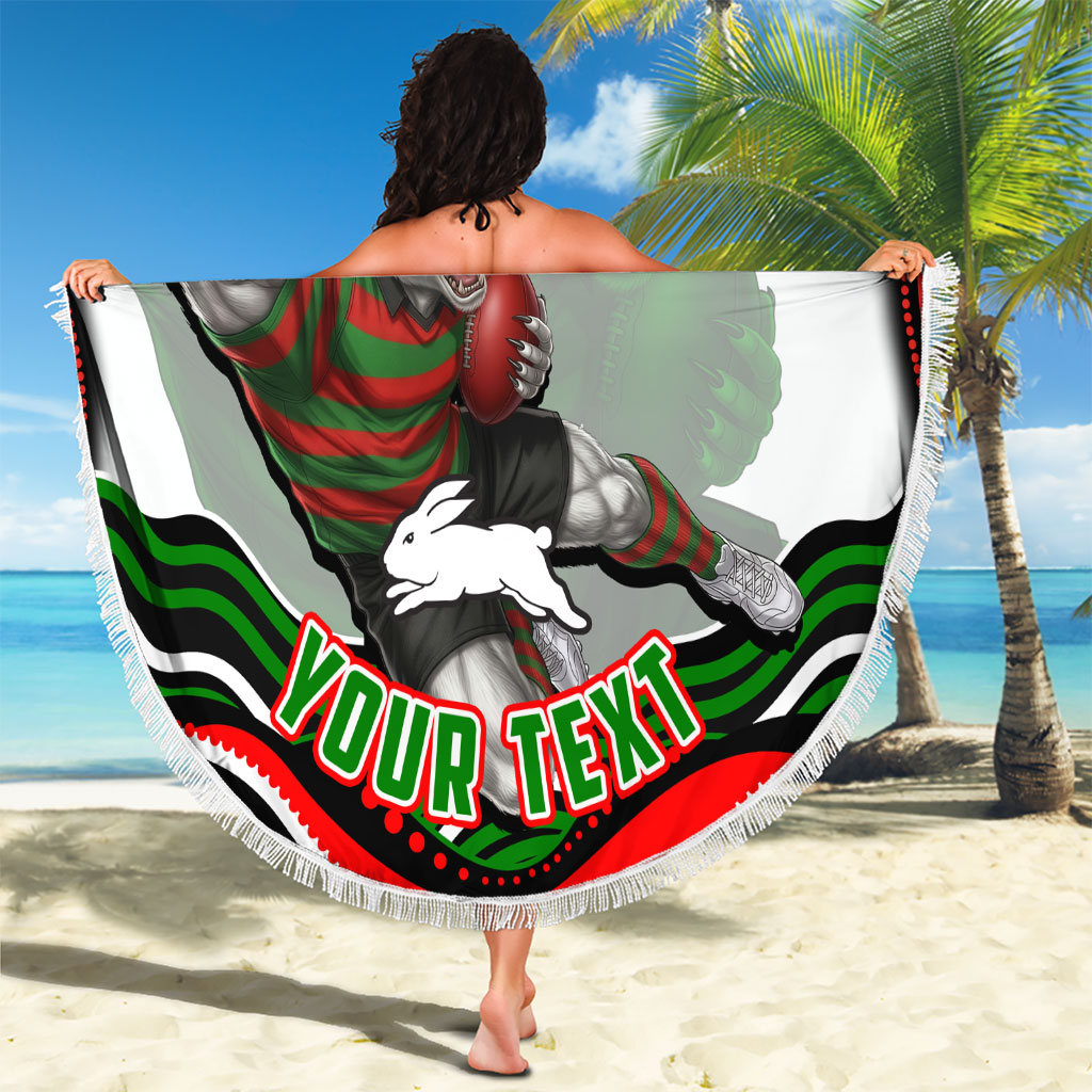 Personalized South Sydney Rabbitohs Beach Blanket Aboriginal Dot Art - Dreamtime Rugby Mascot