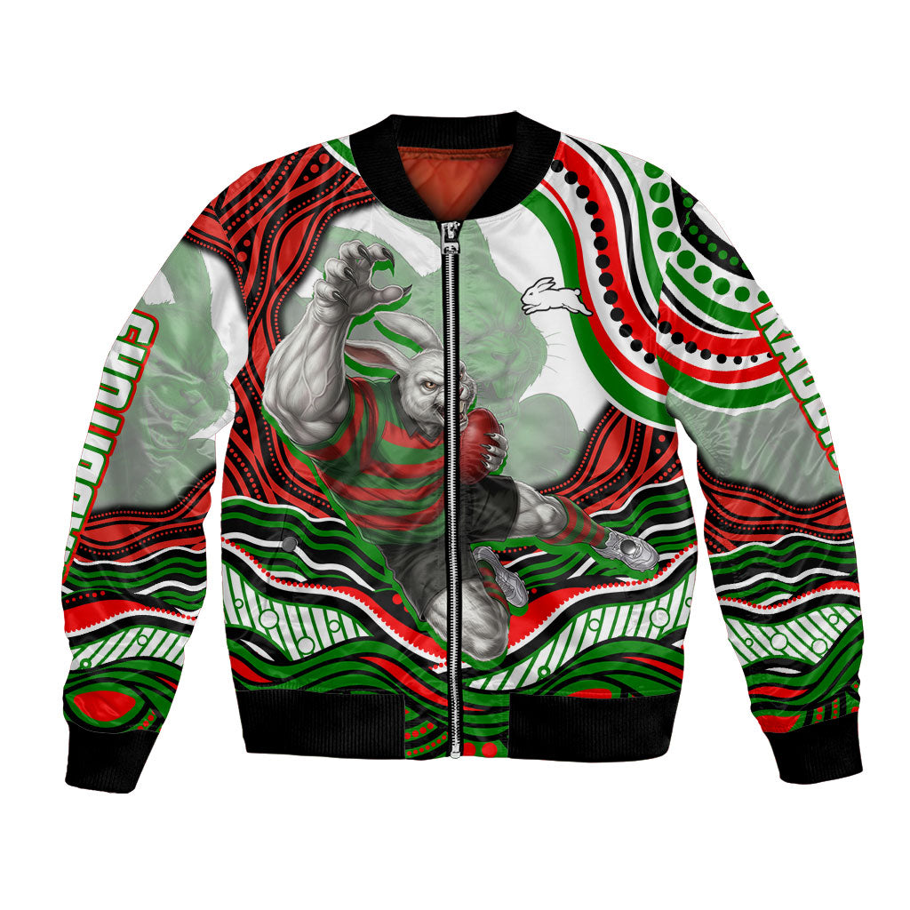 Personalized South Sydney Rabbitohs Bomber Jacket Aboriginal Dot Art - Dreamtime Rugby Mascot
