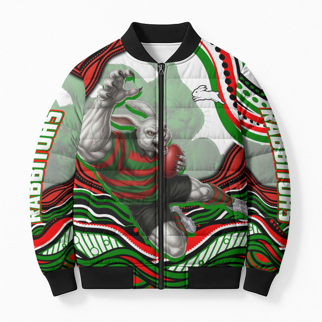 Personalized South Sydney Rabbitohs Bomber Puffer Jacket Aboriginal Dot Art - Dreamtime Rugby Mascot