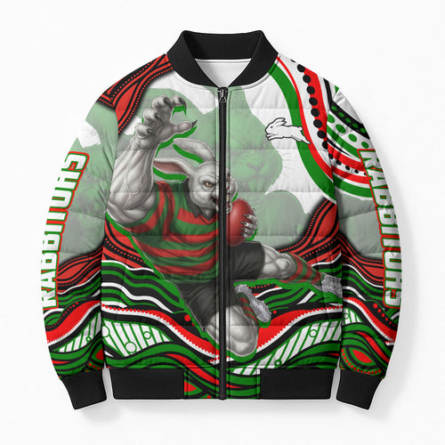 Personalized South Sydney Rabbitohs Bomber Puffer Jacket Aboriginal Dot Art - Dreamtime Rugby Mascot