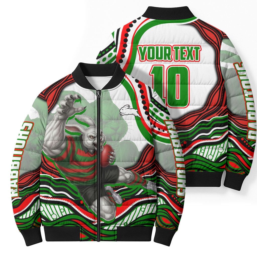 Personalized South Sydney Rabbitohs Bomber Puffer Jacket Aboriginal Dot Art - Dreamtime Rugby Mascot