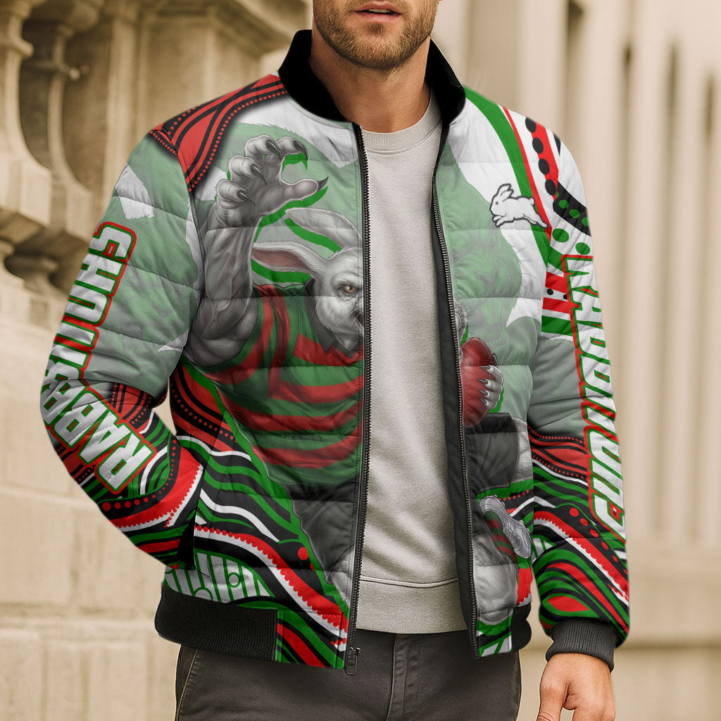 Personalized South Sydney Rabbitohs Bomber Puffer Jacket Aboriginal Dot Art - Dreamtime Rugby Mascot