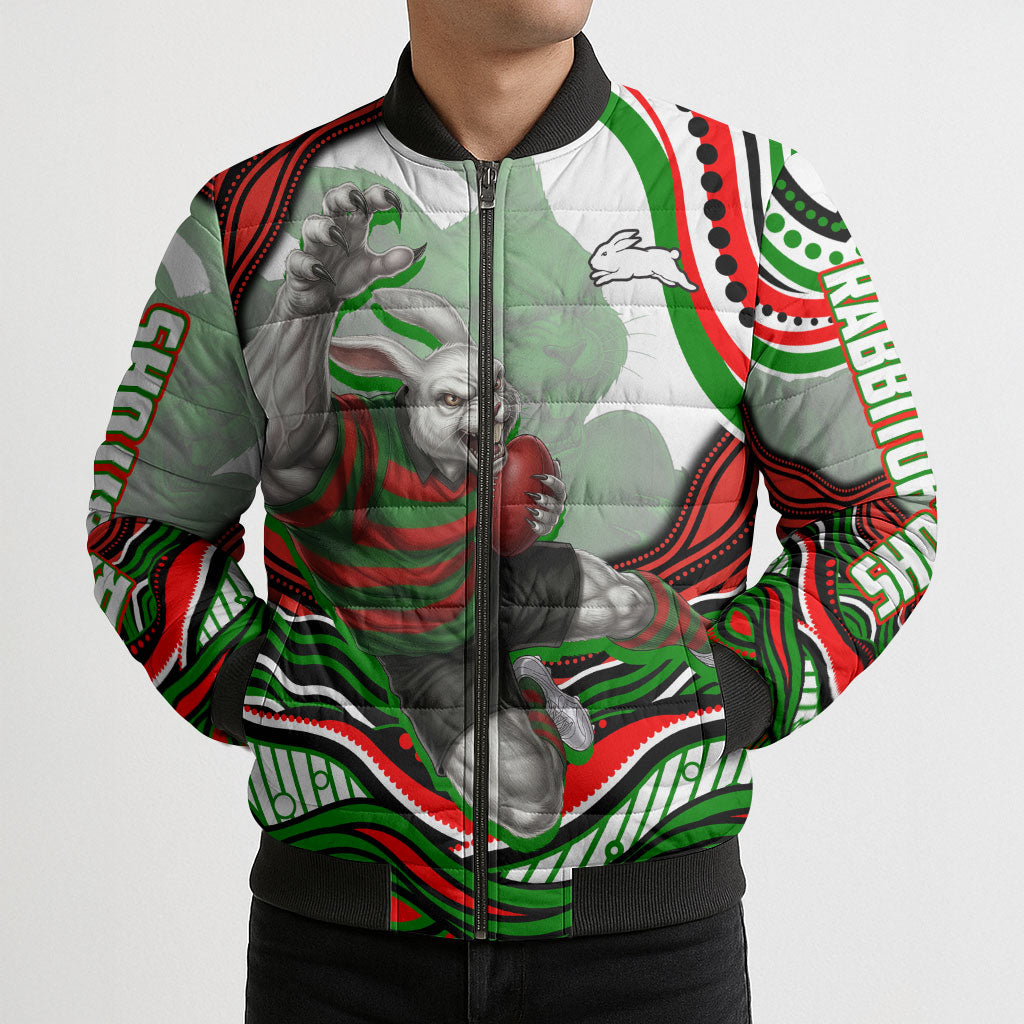 Personalized South Sydney Rabbitohs Bomber Puffer Jacket Aboriginal Dot Art - Dreamtime Rugby Mascot
