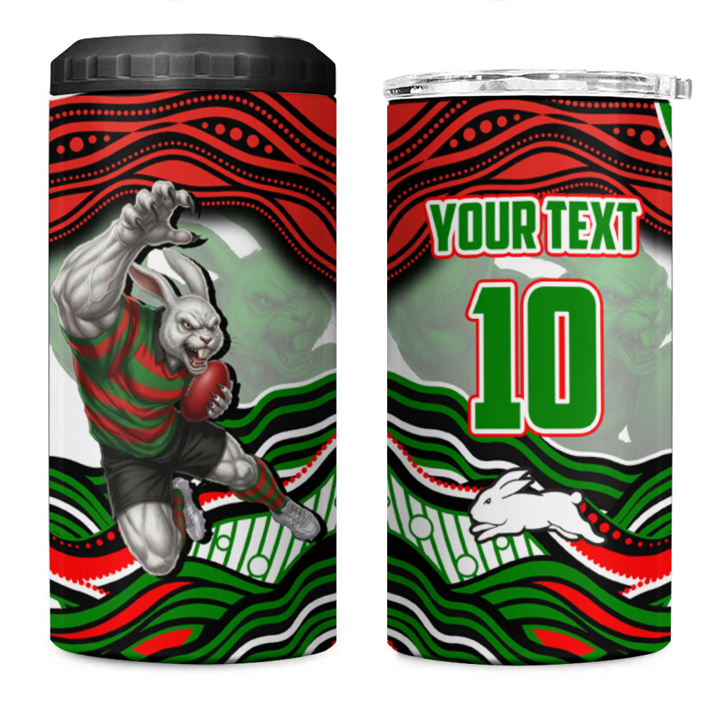 Personalized South Sydney Rabbitohs 4 in 1 Can Cooler Tumbler Aboriginal Dot Art - Dreamtime Rugby Mascot