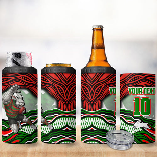 Personalized South Sydney Rabbitohs 4 in 1 Can Cooler Tumbler Aboriginal Dot Art - Dreamtime Rugby Mascot