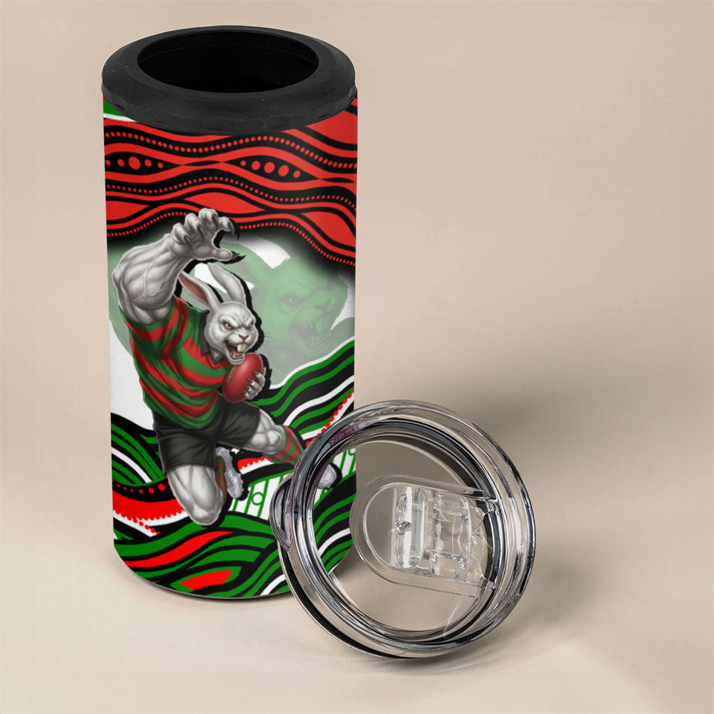 Personalized South Sydney Rabbitohs 4 in 1 Can Cooler Tumbler Aboriginal Dot Art - Dreamtime Rugby Mascot