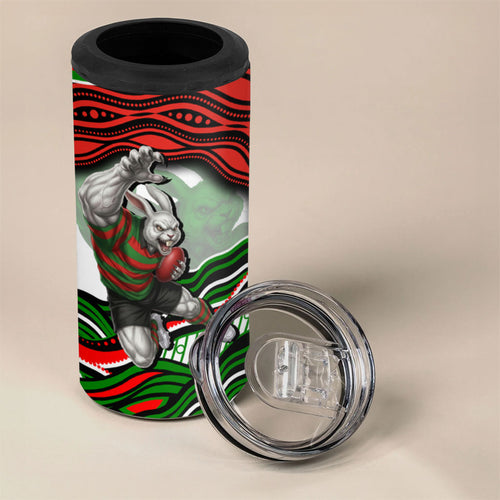 Personalized South Sydney Rabbitohs 4 in 1 Can Cooler Tumbler Aboriginal Dot Art - Dreamtime Rugby Mascot