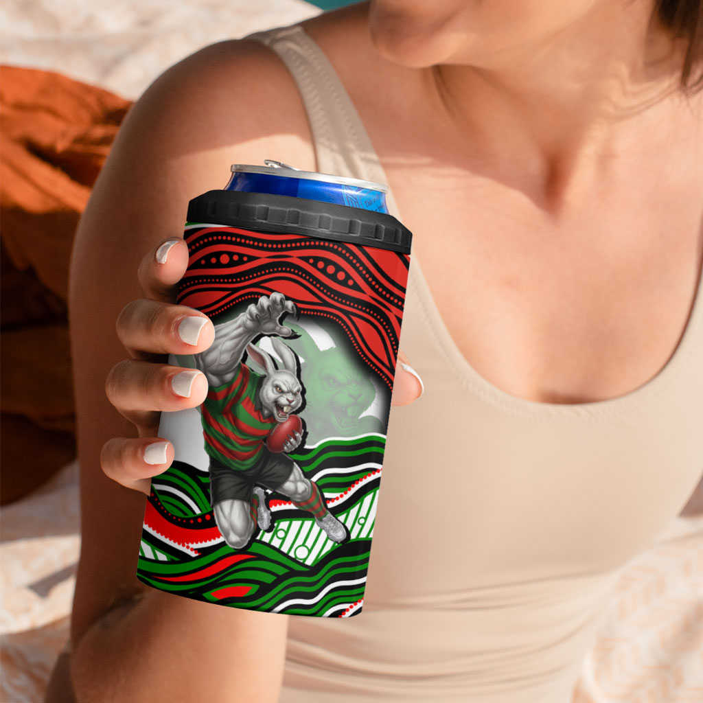 Personalized South Sydney Rabbitohs 4 in 1 Can Cooler Tumbler Aboriginal Dot Art - Dreamtime Rugby Mascot