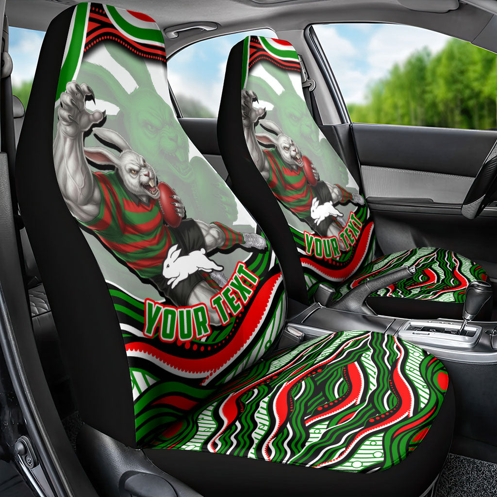 Personalized South Sydney Rabbitohs Car Seat Cover Aboriginal Dot Art - Dreamtime Rugby Mascot