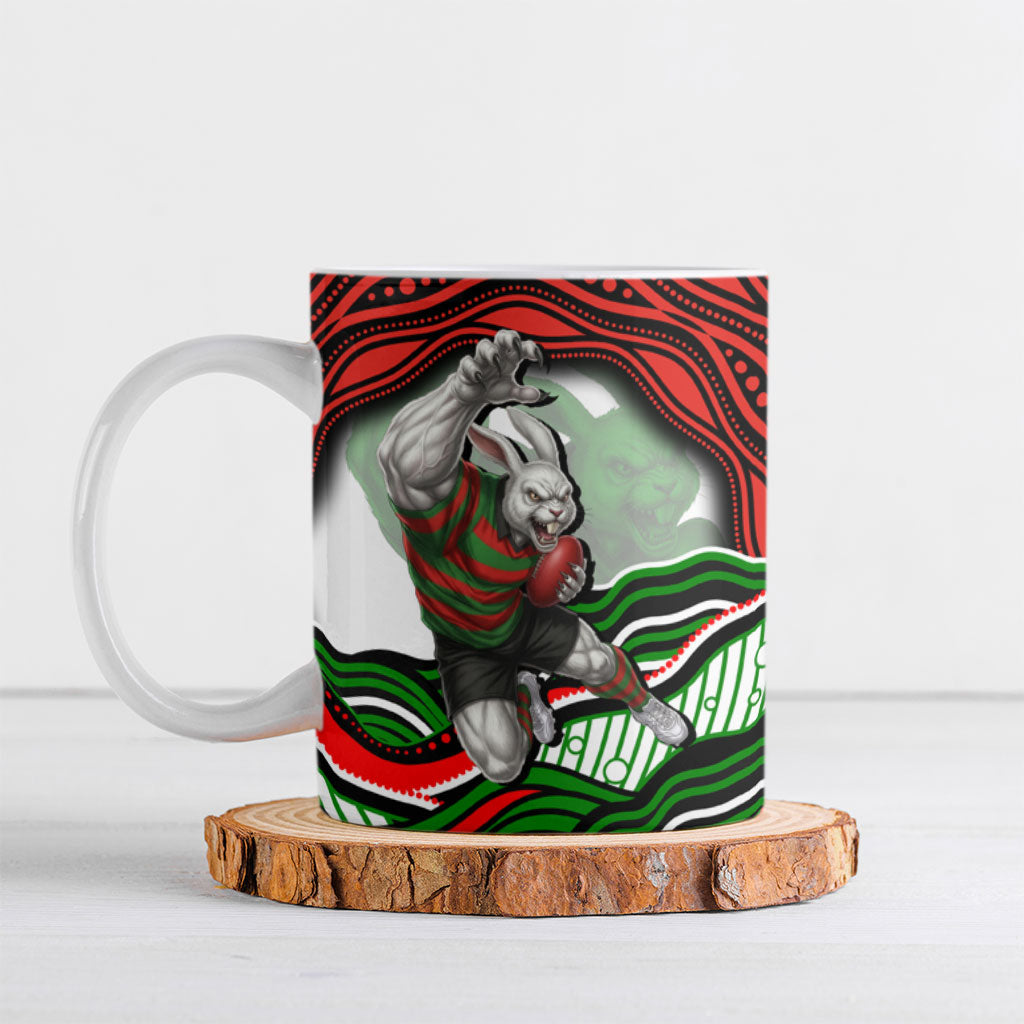 Personalized South Sydney Rabbitohs Ceramic Mug Aboriginal Dot Art - Dreamtime Rugby Mascot