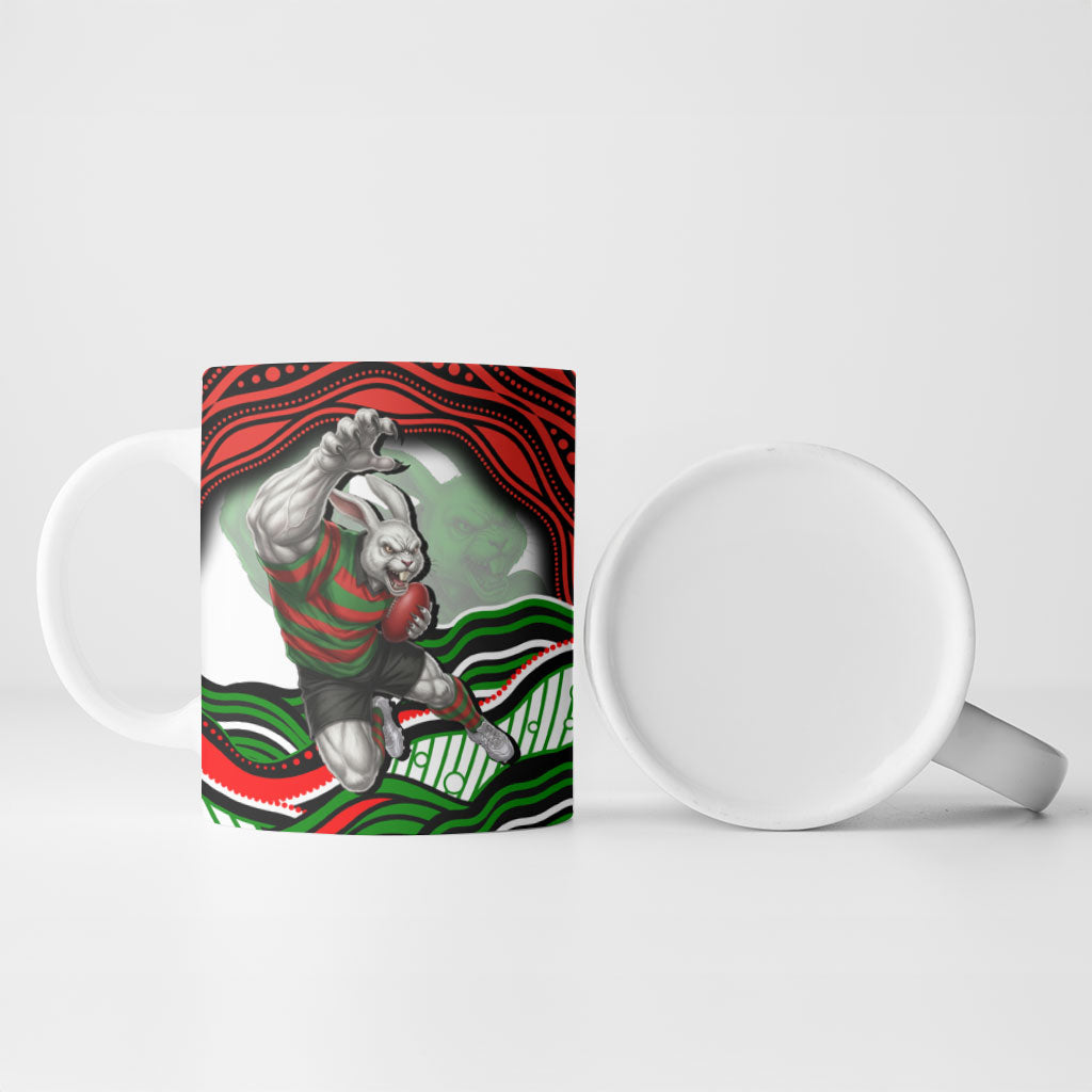 Personalized South Sydney Rabbitohs Ceramic Mug Aboriginal Dot Art - Dreamtime Rugby Mascot