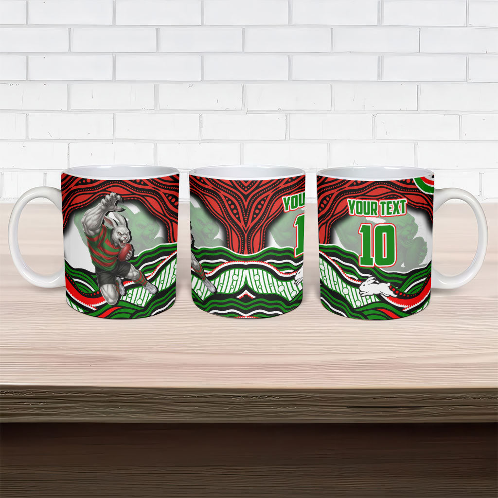 Personalized South Sydney Rabbitohs Ceramic Mug Aboriginal Dot Art - Dreamtime Rugby Mascot