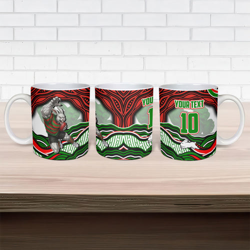Personalized South Sydney Rabbitohs Ceramic Mug Aboriginal Dot Art - Dreamtime Rugby Mascot