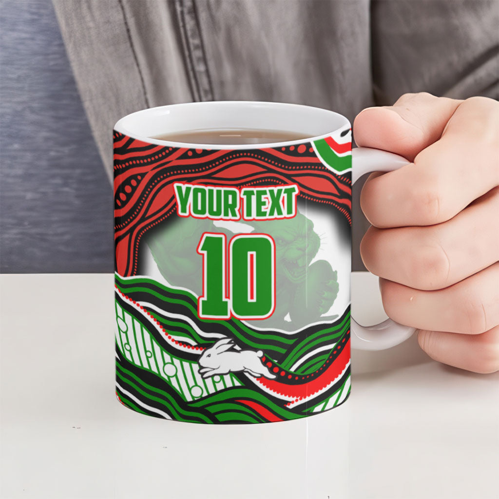 Personalized South Sydney Rabbitohs Ceramic Mug Aboriginal Dot Art - Dreamtime Rugby Mascot