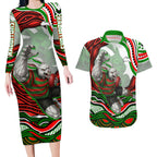 Personalized South Sydney Rabbitohs Couples Matching Long Sleeve Bodycon Dress and Hawaiian Shirt Aboriginal Dot Art - Dreamtime Rugby Mascot