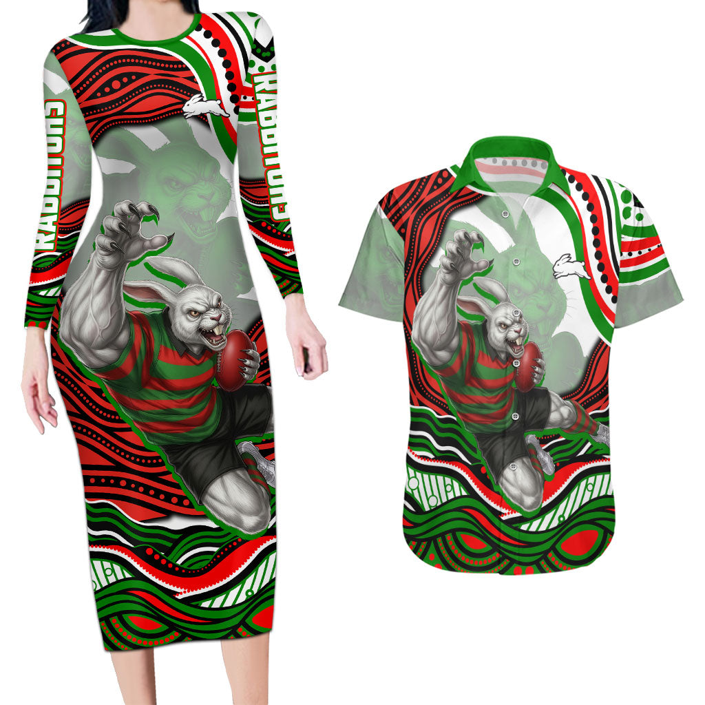 Personalized South Sydney Rabbitohs Couples Matching Long Sleeve Bodycon Dress and Hawaiian Shirt Aboriginal Dot Art - Dreamtime Rugby Mascot