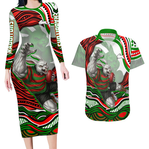 Personalized South Sydney Rabbitohs Couples Matching Long Sleeve Bodycon Dress and Hawaiian Shirt Aboriginal Dot Art - Dreamtime Rugby Mascot