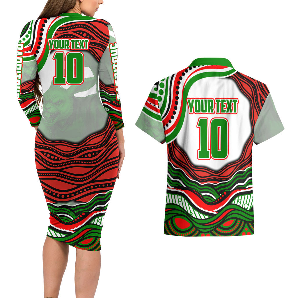 Personalized South Sydney Rabbitohs Couples Matching Long Sleeve Bodycon Dress and Hawaiian Shirt Aboriginal Dot Art - Dreamtime Rugby Mascot
