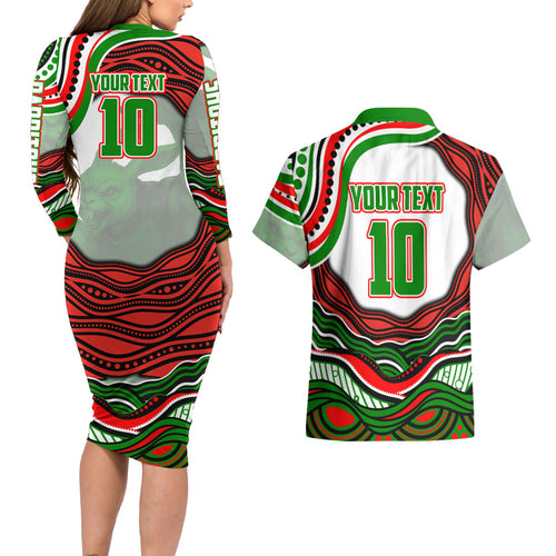 Personalized South Sydney Rabbitohs Couples Matching Long Sleeve Bodycon Dress and Hawaiian Shirt Aboriginal Dot Art - Dreamtime Rugby Mascot