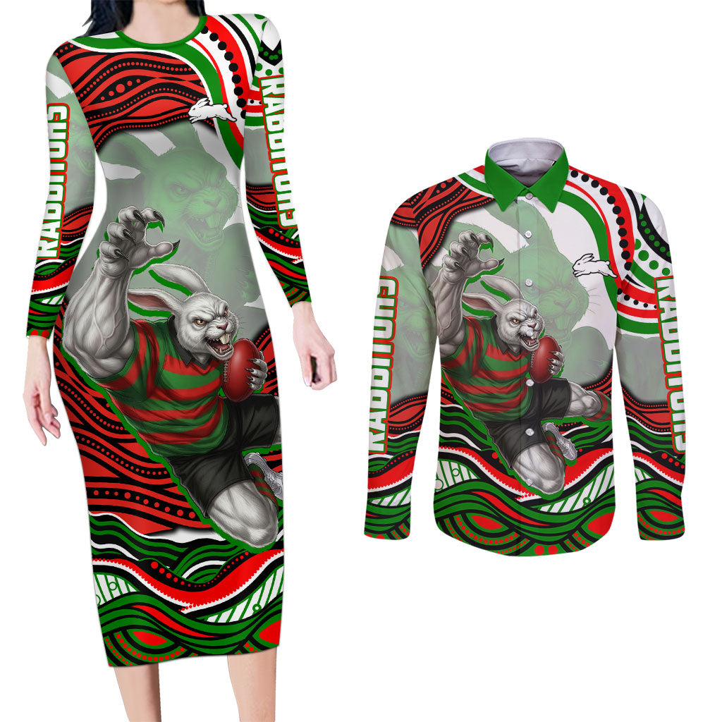 Personalized South Sydney Rabbitohs Couples Matching Long Sleeve Bodycon Dress and Long Sleeve Button Shirt Aboriginal Dot Art - Dreamtime Rugby Mascot