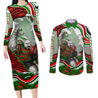 Personalized South Sydney Rabbitohs Couples Matching Long Sleeve Bodycon Dress and Long Sleeve Button Shirt Aboriginal Dot Art - Dreamtime Rugby Mascot