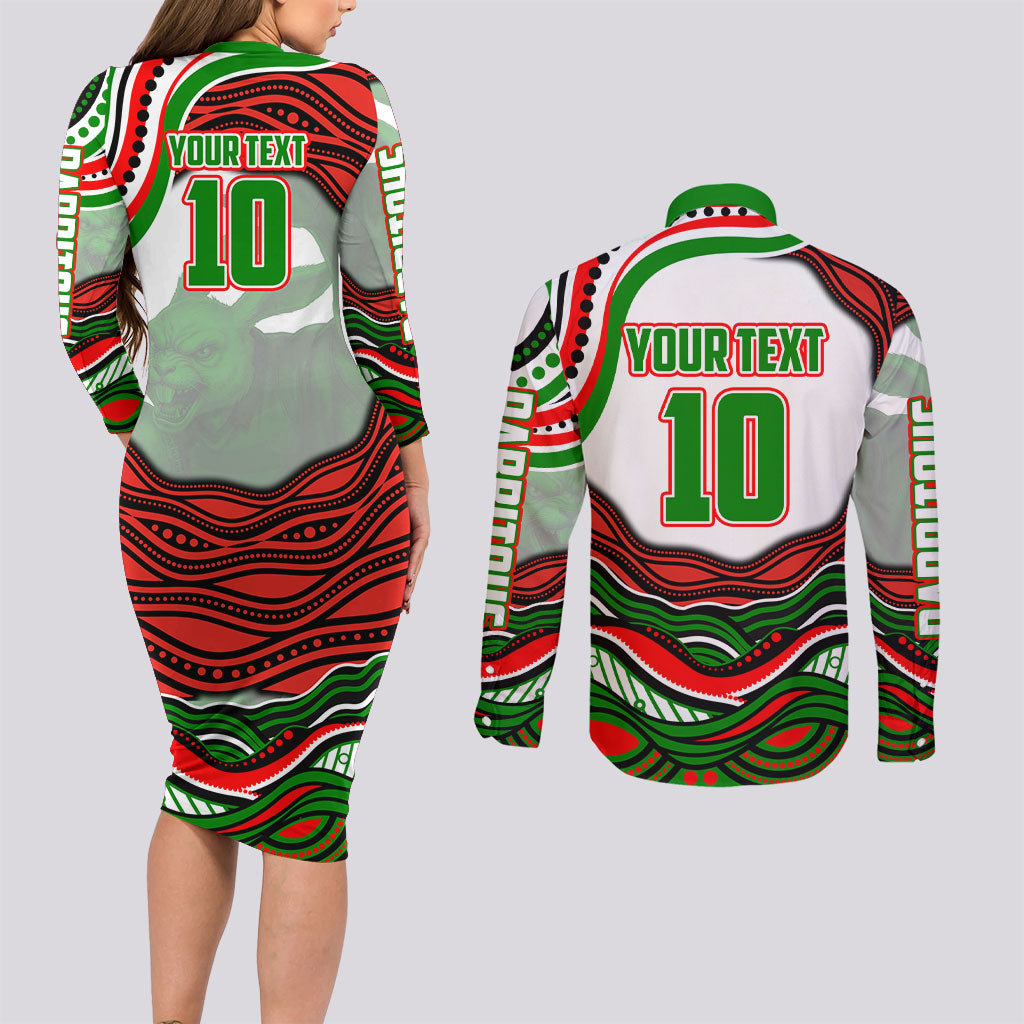 Personalized South Sydney Rabbitohs Couples Matching Long Sleeve Bodycon Dress and Long Sleeve Button Shirt Aboriginal Dot Art - Dreamtime Rugby Mascot